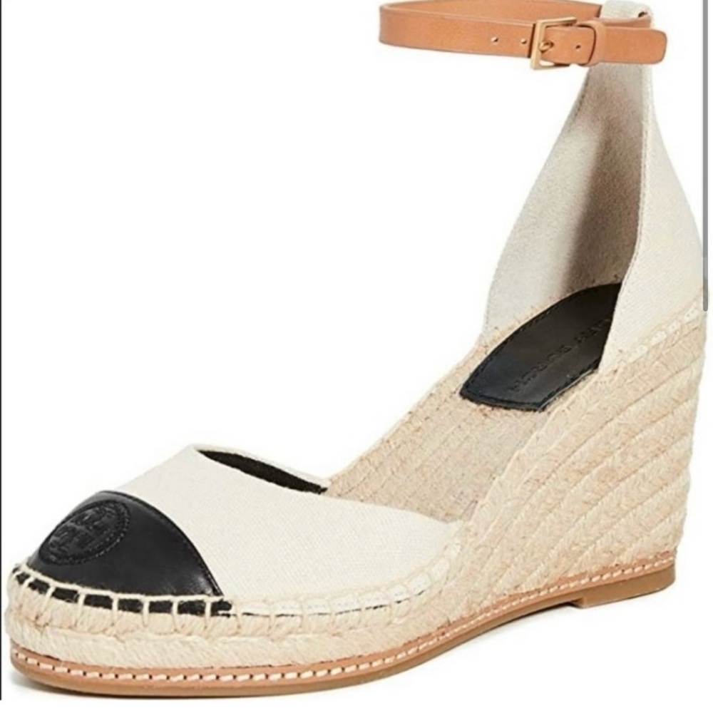 Tory Burch Black and Cream Espadrilles 85mm Wedge